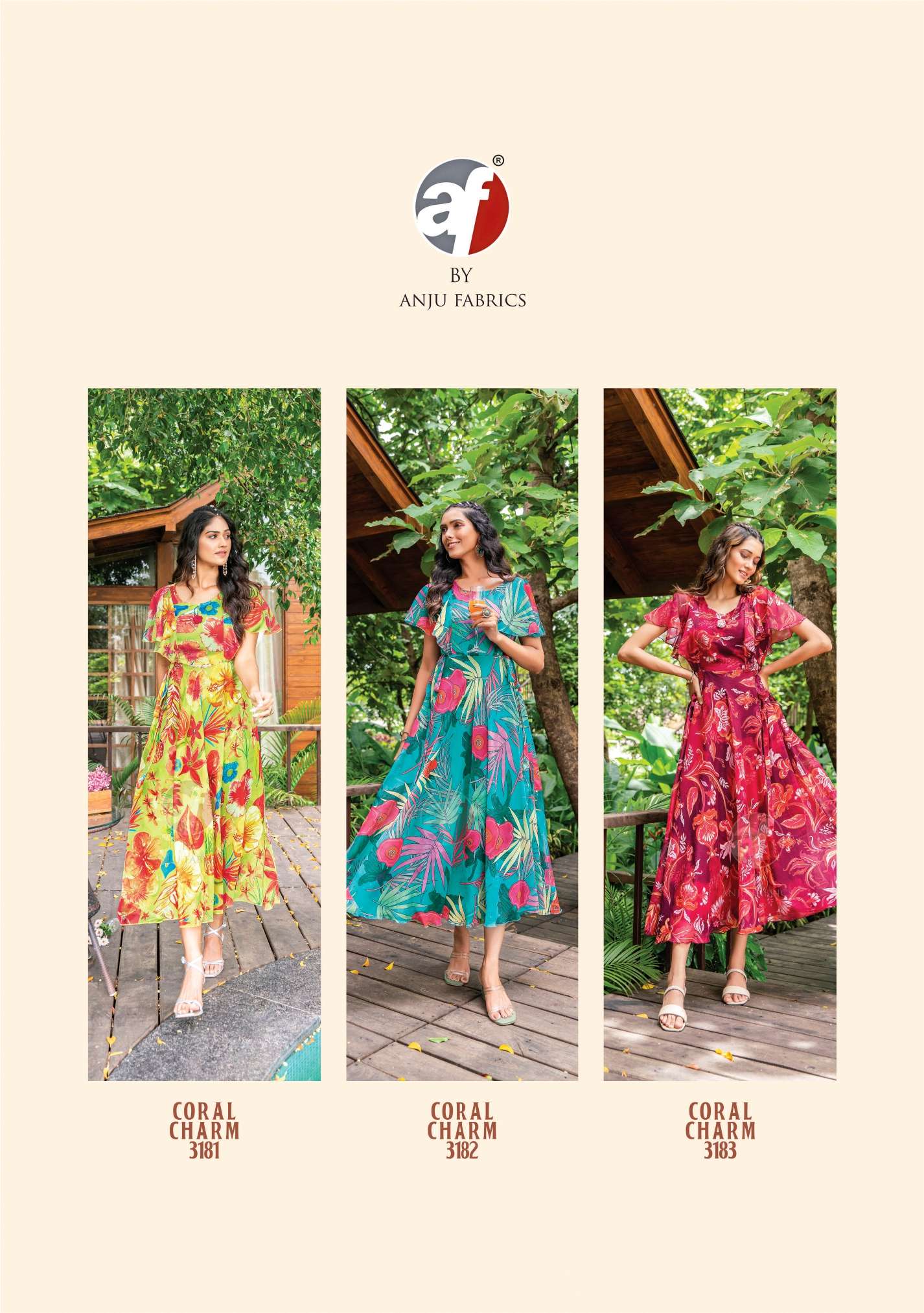 CORAL CHARM VOL 3  PRINTED VISCOSE PREMIUM CHIFFON DESIGNER KURTI WITH  FANCY BROOCH BY AF BRAND INDEX1